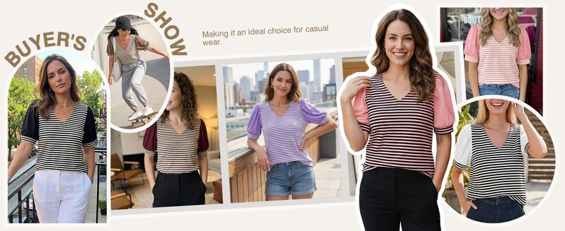 Tankaneo Womens Puff Sleeve Striped Tshirts Summer Oversized Color Block V Neck Tops Trendy Casual Loose Blouse Shirts Womenswear