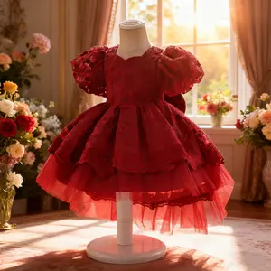 2123 Girl Solid Puff Sleeve Lace Dress Young Girls Christmas Applique Beaded Tulle Princess Dress  Princess Dress Elegant Lace Satin Tutu Gorgeous Dress