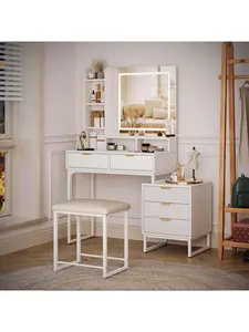 【Christmas Gift】Vanity Desk with Lighted Mirror, Adjustable Lights, 5 Large Drawers, White Vanity with HD Lighted Mirror & 4 Tiers Open Shelves (Gold & White)