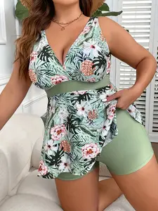 Plus Size Tankini Swimsuit, Floral Tankini Set, Tropical Floral Pineapple Print Deep V Tankini Swimwear, Hot Spring Vacation Swimming Suit