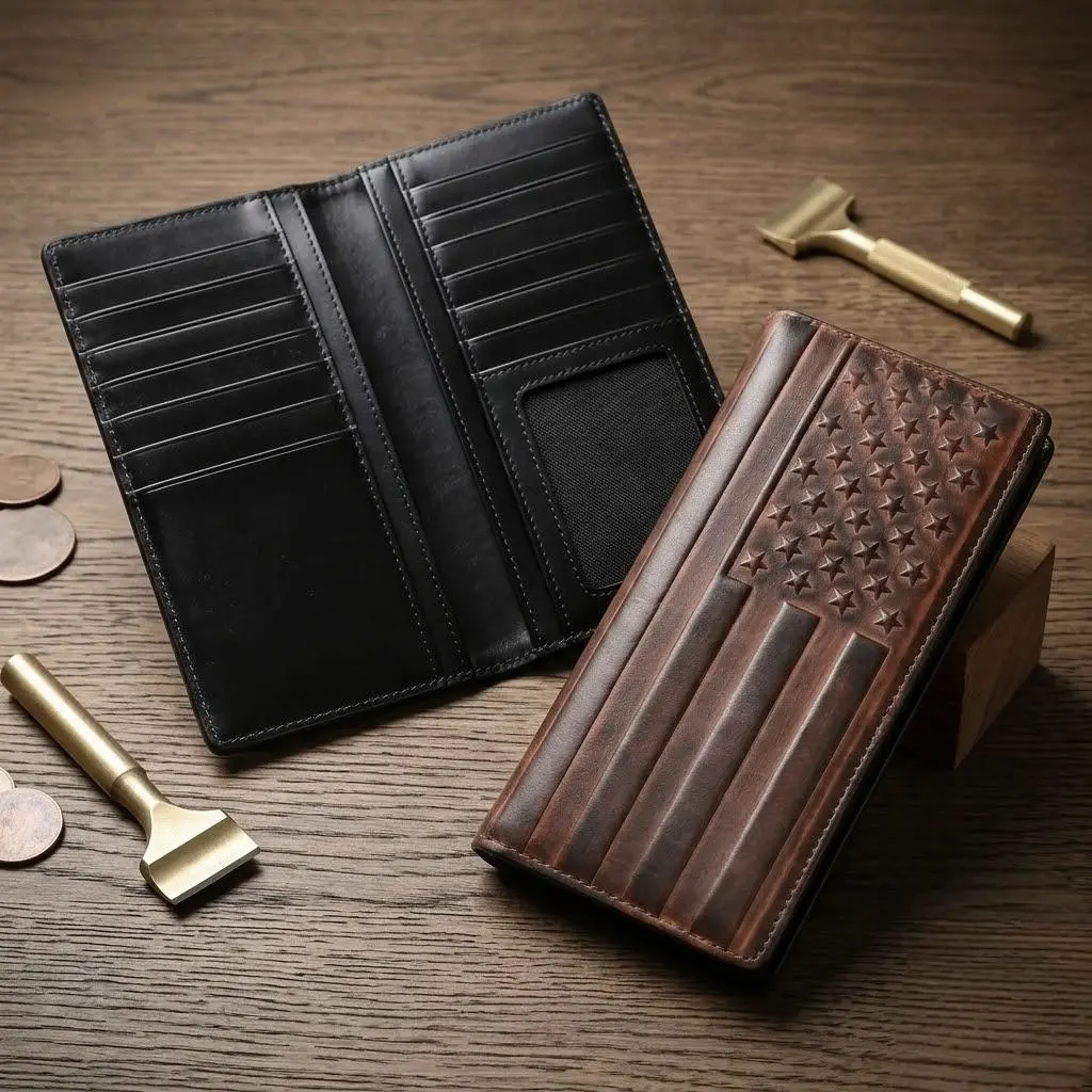 Handmade Real Cowhide Leather RFID Blocking Long Bifold Men's Wallet - American Flag Embossed, 13 Card Slots, ID Windows, Vintage Western Cowboy Style, Durable, Chic, Men's Stuff, Accessories Adults, Gifts for Him, Cool Gifts for Guys, Father's Day Gifts