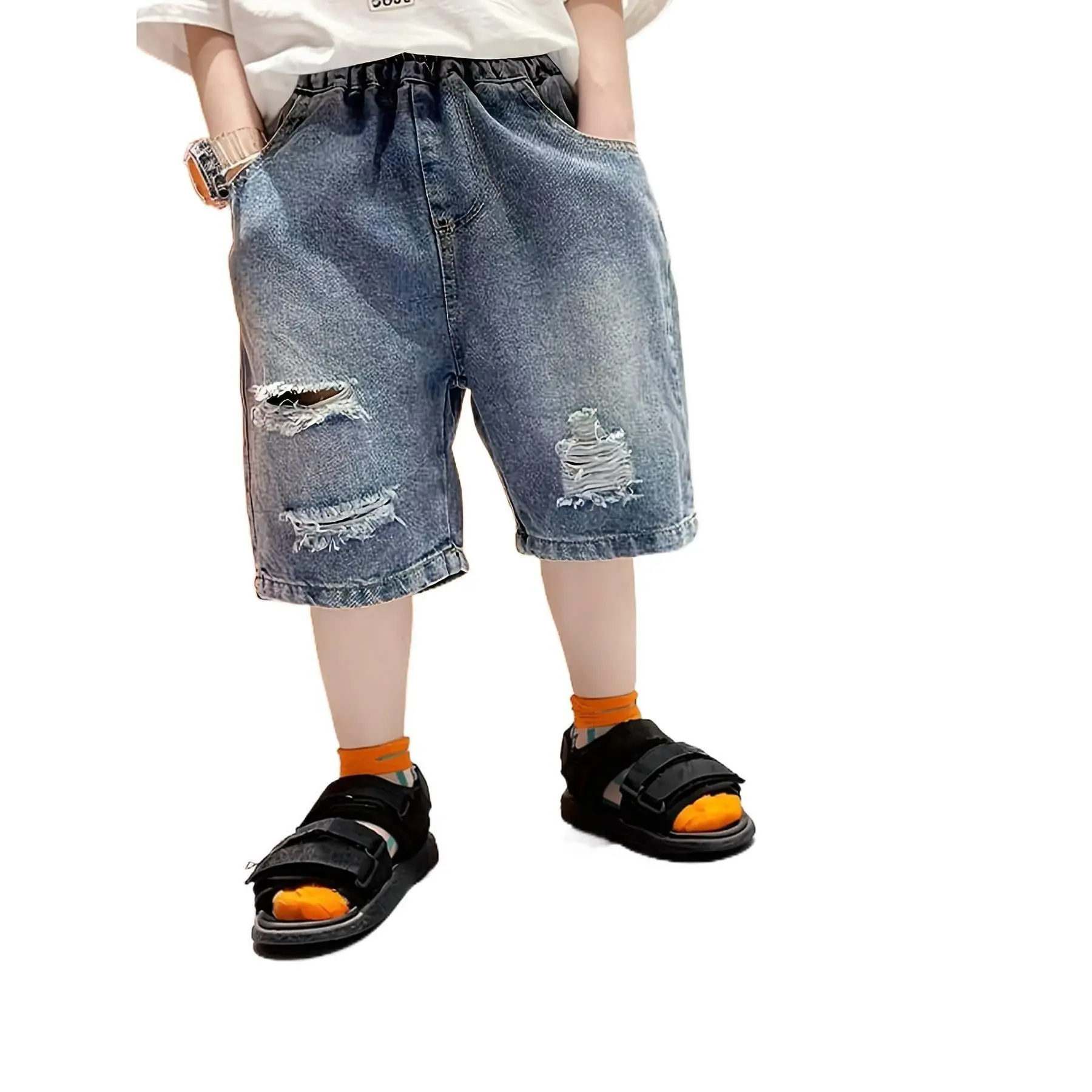 Boys' Ripped Denim Bermuda Shorts, Casual Washed Cotton Jean Shorts with a Regular Fit for Summer Wear, Bermuda Shorts Boys' Jeans