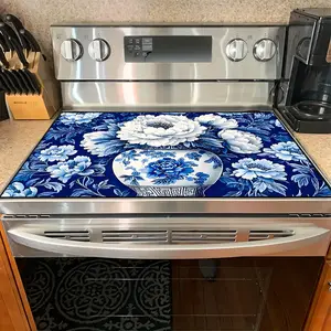 1PC heat insulation pad Blue and White Porcelain Peony Felt Heat Resistant Mat - Non-Slip Washable Dust-Proof Kitchen Decor Pad for Stove, Table, Washer, Fridge, Bathroom & Appliances Kitchenware