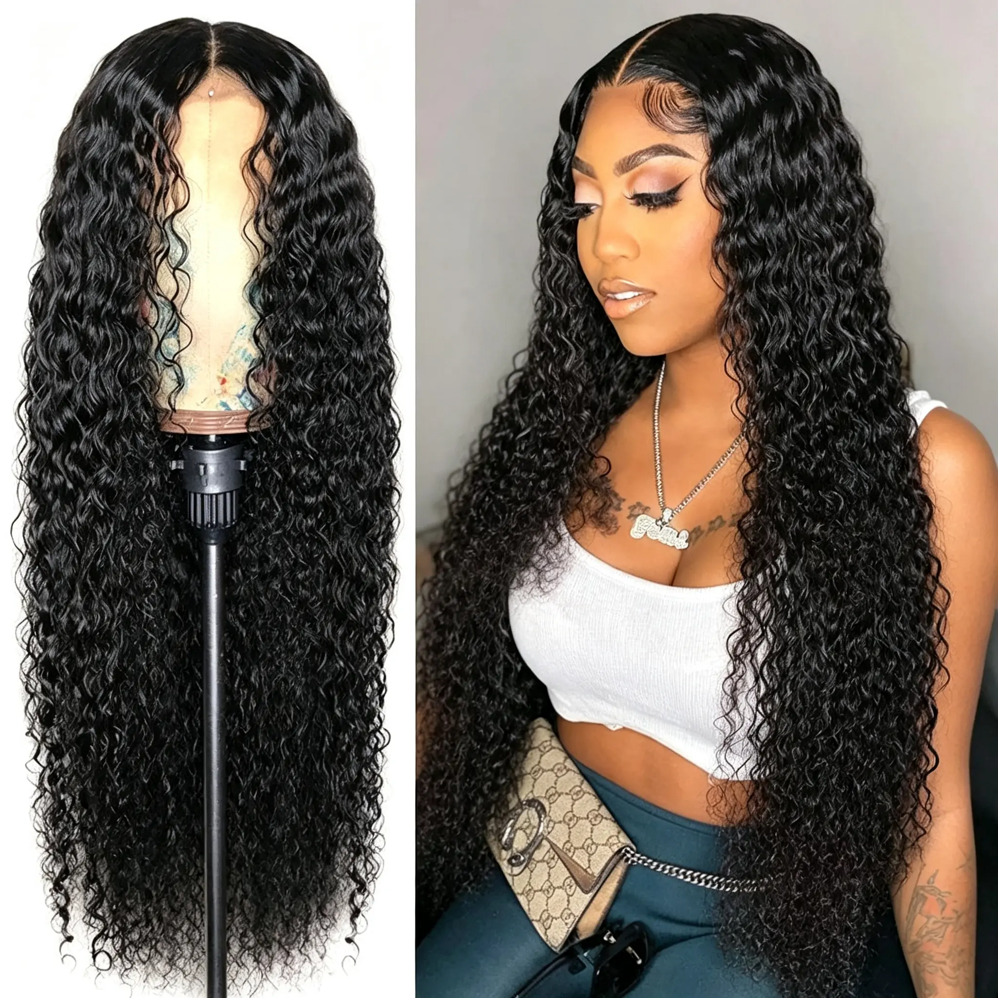 30 Inch Women Long Black Deep Wave Lace Front Synthetic Wig, Middle Part Bouncy Curly Wig for Daily Party Night Out`