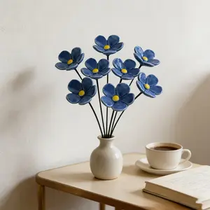 8 Handmade Ceramic Forget-Me-Not Flowers, Blue Love Crafted, Fade-Resistant Home Decor, Indoor Outdoor Use, Valentine's Day Gift