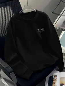 Men's Classic Letter Print Fleece Lined Long Sleeve Sweatshirt, Casual Round Neck Top for Fall & Winter, Versatile Graphic Tee