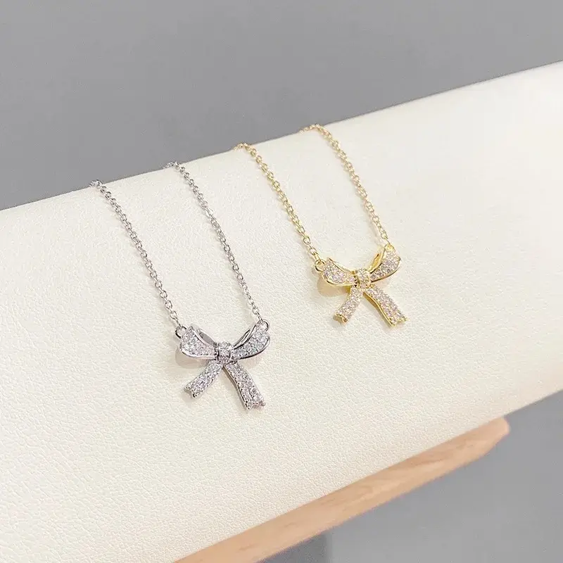 Women's New 925 Sterling Silver Bow Necklace with Charming Geometric Pendant - Exquisite Birthday Gift, Fashion Costume Jewelry Accessory, Bow Shape