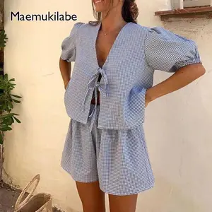 Y2K Vintage Plaid Outfit Loose V Neck Puff Sleeve Front Tie-Up Blouse Top + Shorts Women 2 Piece Lounge Matching Set