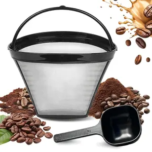 Coffee Filter Basket with Spoon, Size No.4 Stainless Steel Reusable Coffee Filter for 4-6 Cup, Portable Cone Coffee Filter with Handle, Suitable for Drip Coffee Machines, Pour Over Coffee-maker Dripper Accessories
