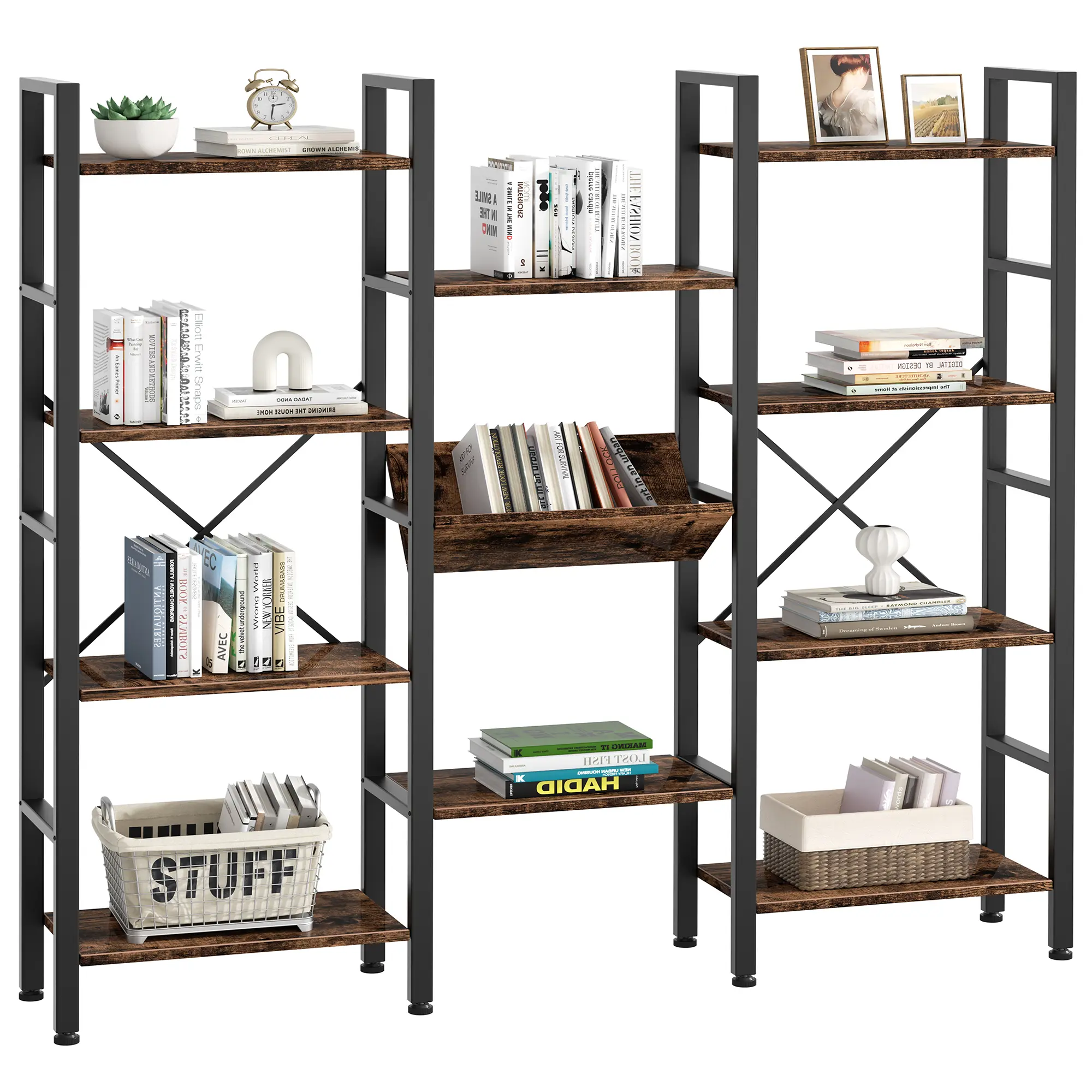 ANNWS 4-Tier Bookcase with 11 Shelves, Open Display Book Shelf with Metal Frame, Book Shelf for Home Office, Rustic,Freestanding Industrial Ladder