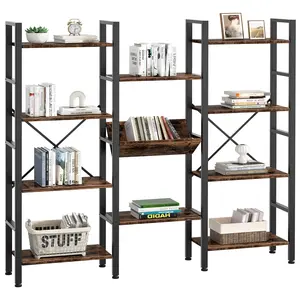 ANNWS 4-Tier Bookcase with 11 Shelves, Open Display Book Shelf with Metal Frame, Book Shelf for Home Office, Rustic,Freestanding Industrial Ladder