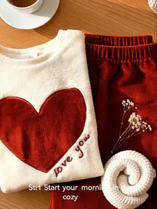 Women's Autumn/winter Loose-Fitting Loungewear Set, Heart Pattern Colorblock Design, Cozy & Stylish Casual for Daily Use