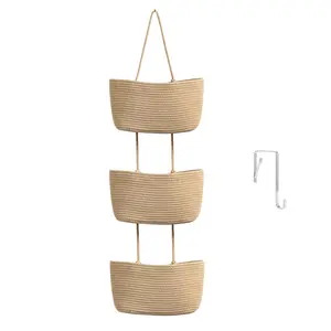 Decorative 3-Tier hanging organizer bag, natural rattan over the door basket – large woven cotton wall-mounted storage, nursery & fall room decor, suitable for renters maximizing space plant hangable laundry basket house organizers