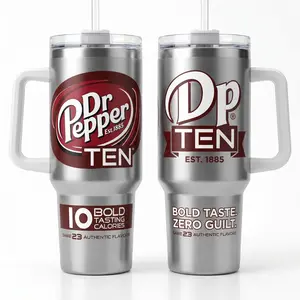 Retro Dr Pepper TEN 2011 40oz Tumbler with Handle, 10 Bold Tasting Calories Silver Aesthetic Cup, Vacuum Insulated Stainless Steel Travel Mug, Leak Resistant Lid & Straw, Car Cup Holder Friendly, Authentic 23 Flavors Est 1885 Diet Soda Collectors Gift