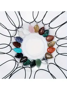 30 PCS Natural Stone Flat Drop Pendant Necklace Set 15 Crystal Heart 15 Black PU Leather Chain for DIY Jewelry Making