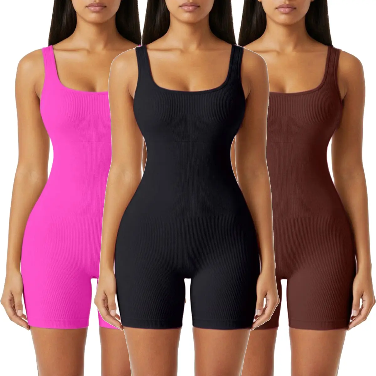 Kabuer Women's Ribbed Seamless Stretch Jumpsuit, Square Neck Sporty Romper with Tummy Control for Fitness, Yoga & Golf