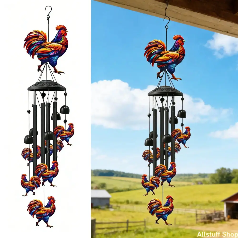 Vintage Chicken Wind Chime - Hanging Rooster Wind Bells, Colorful Outdoor Backyard Decor, Ideal for Gardens, Patios, Memorial or Birthday Gifts, Yard Decor