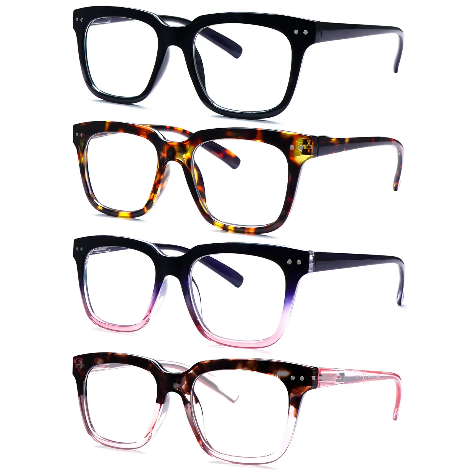 4-Pack of Stylish, High-end Reading Glasses with Thick Frames and Blue Light Protection; rectangular full-rim design; equipped with sturdy springs and metal hinges; helps relieve eye strain; perfect as a holiday or birthday gift.