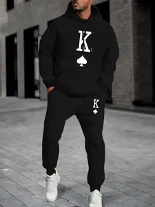 Men's Hoodie and Jogger Set with King of Spades Print, Fitted Long Sleeve Sweatshirt, Casual Streetwear for Fall & Winter