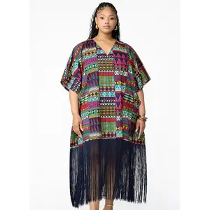 Nima Women's African Print Kaftan with Fringe (Green Navy Kente) - Clearance