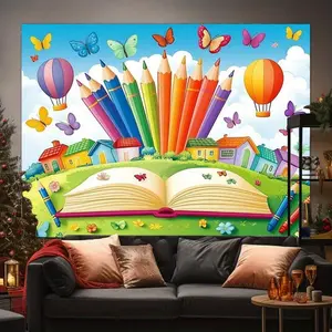 Super Large Vibrant Welcome Back to School Polyester Backdrop Banner, 1pc Durable Banner with Colorful Pencils, Butterflies, Hot-Balloon, Open Book Design for Indoor/Outdoor Birthday Events
