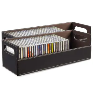Stock Your Home 2- Pack CD Storage Box, Organizer Shelf for Movie Cases, DVDs, Cassette Tape Display Stand, Disc Holder Can Store Up to 40 CDs, Faux Leather (Brown)