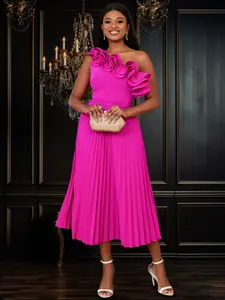 New Women's One-Shoulder Asymmetric Relaxed Fit Oversized Knit Formal Dress, Pleated Skirt with Ruffle Edges for a Slimming Look, Stylish Feminine Casual Wear for Every Occasion