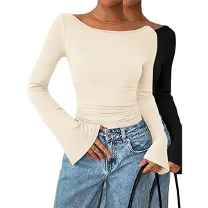 Elegant Off-Shoulder Ruched Bell Sleeve Top – Beige/Black Knit Blouse | Slim-Fit Casual Fashion, Perfect for Daily & Chic Outings