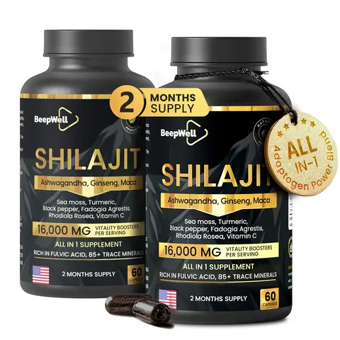 BeepWell Shilajit Capsules (Pack of 2/Pack of 3)– 16,000mg Vitality Boosters with Adaptogens, Ginseng, Maca Complex | 60 Capsules for Energy & Wellness Natural Healthcare Dietary Gold Supplement Fitness Edible Himalaya Viral Vitamin