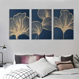 3pcs Ginkgo Leaf Canvas Wall Art Set - Golden & Navy Blue Aesthetic, Contemporary, Gold, Hangable Decorative Accent Prints, UV-Resistant Non-Toxic Home Decor for Living Room, Home Office, Ideal Gift (8x12, 12x16, 16x24), Aesthetic Wall Arts