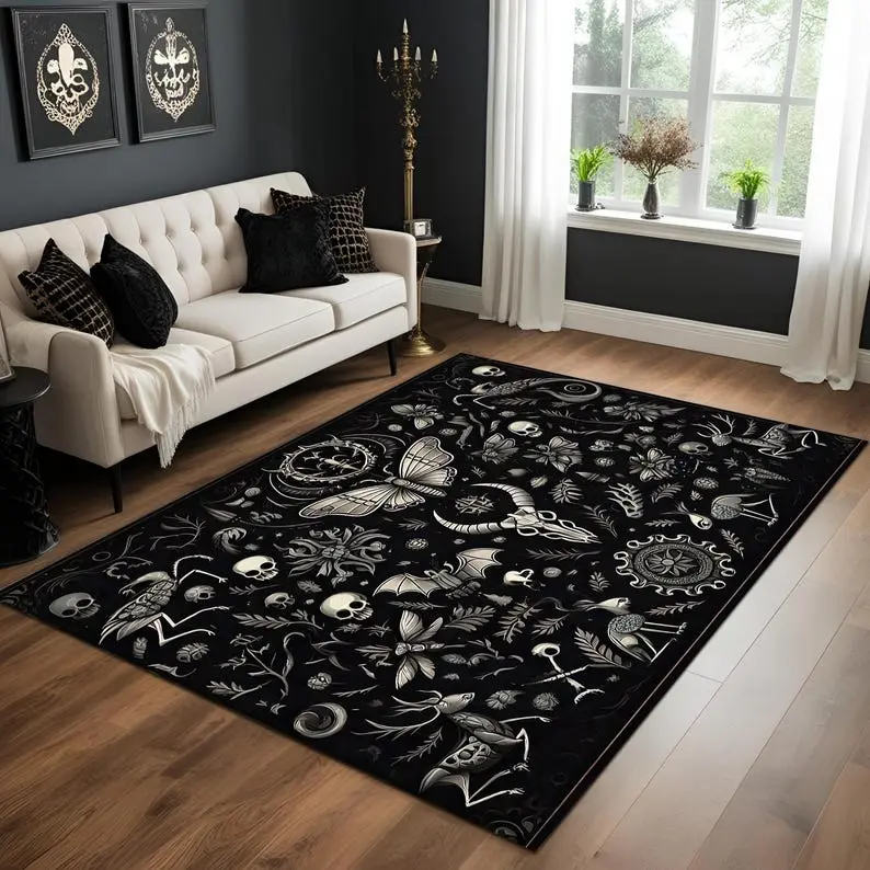 Dark Academia Gothic Rug, Witchy Black Skeleton Carpet, Mystical Floral Aesthetic Area Rug for Gothic Living Room or Occult Inspired Decor