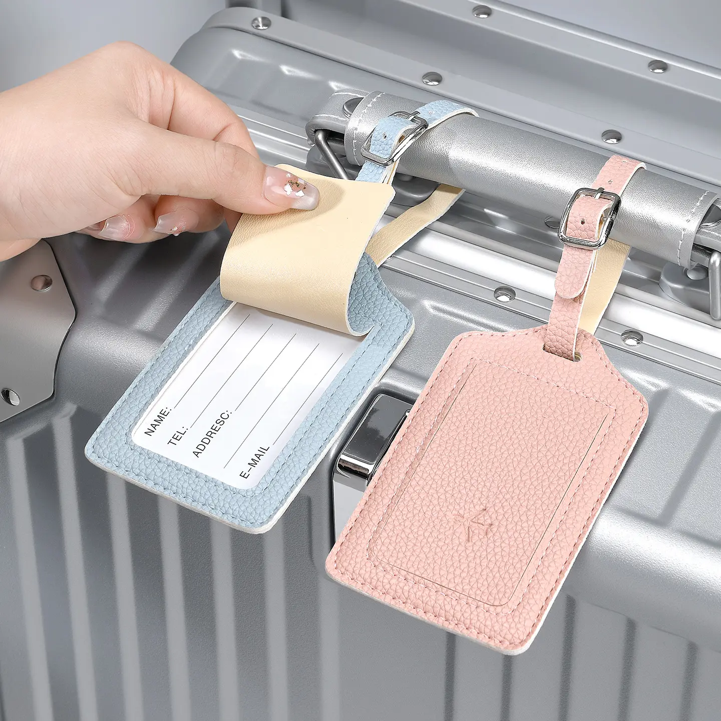 PU Leather Luggage Tag, Classic Solid Color Identification Label with a Privacy Cover for Suitcases, Bags, and Cruise Travel, Rectangular Tag