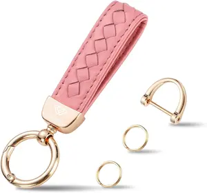 Genuine Leather Keychains, Handmade Knit Sheepskin Car Key chain for Women, Universal Key Fob Holder with 360 Degree Rotatable, Anti-Lost D-Ring, 2 Keyrings and 1 Screwdriver – Pink