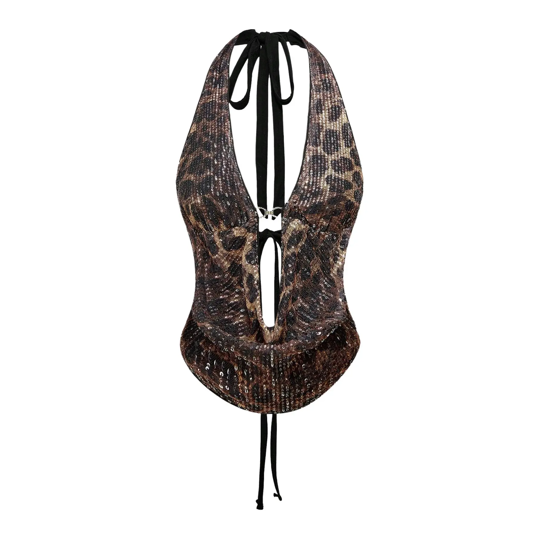 Leopard Print Sleeveless Halter Top High-Contrast Cheetah Print Flattering Silhouette Versatile Styling for Night Out