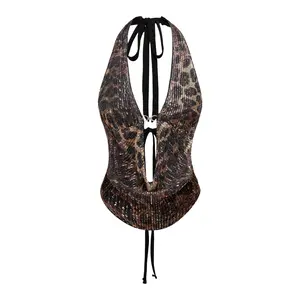 Leopard Print Sleeveless Halter Top High-Contrast Cheetah Print Flattering Silhouette Versatile Styling for Night Out