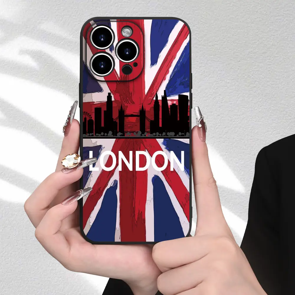 Phone Case: London Skyline & UK Union Jack Pattern Printed Painted Frosted Straight Edge Fine Hole Mobile Phone Case Made of TPU Material, Popular Camera-Protection Case for iPhone 17/16/15/14/13/12/11 Pro Promax Plus