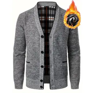 Men's V-neck Cardigan Casual Knit Jacket For Fall Winter Men Clothes Best Sellers with Plaid Lining and Button Front