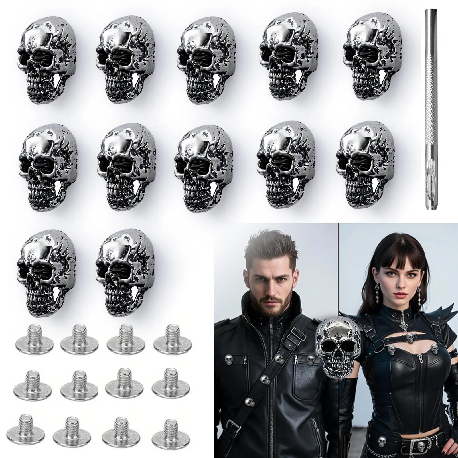 12-Pack Silver Metal Skull Rivets with Leather Punch Tool - Punk-Inspired Decorative Studs for Leathercraft, Bags, Belts (Festive Decor Home Supplies), Punk-Inspired Touch