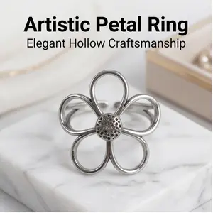 Two-Tone Daisy Flower Open Ring for Women Adjustable Silver Gold Mixed Metal Boho Floral Jewelry Gift Hypoallergenic US Size 6-9