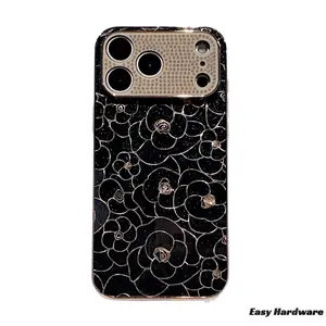 Gold Flower & Linear Petal IP 17 Pro Case, Rhinestone Camera Lens Ring + Electroplated Gold Edge, Fits 15/16 Series, Luxury Shockproof Case
