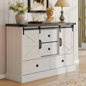 Garvee Farmhouse 4-Drawer Dresser - 45-inch Wood Storage Chest with Sliding Barn Doors and Bar Handles, Antique White Finish, Versatile TV Stand or Bedroom Dresser for Living Room and Closet