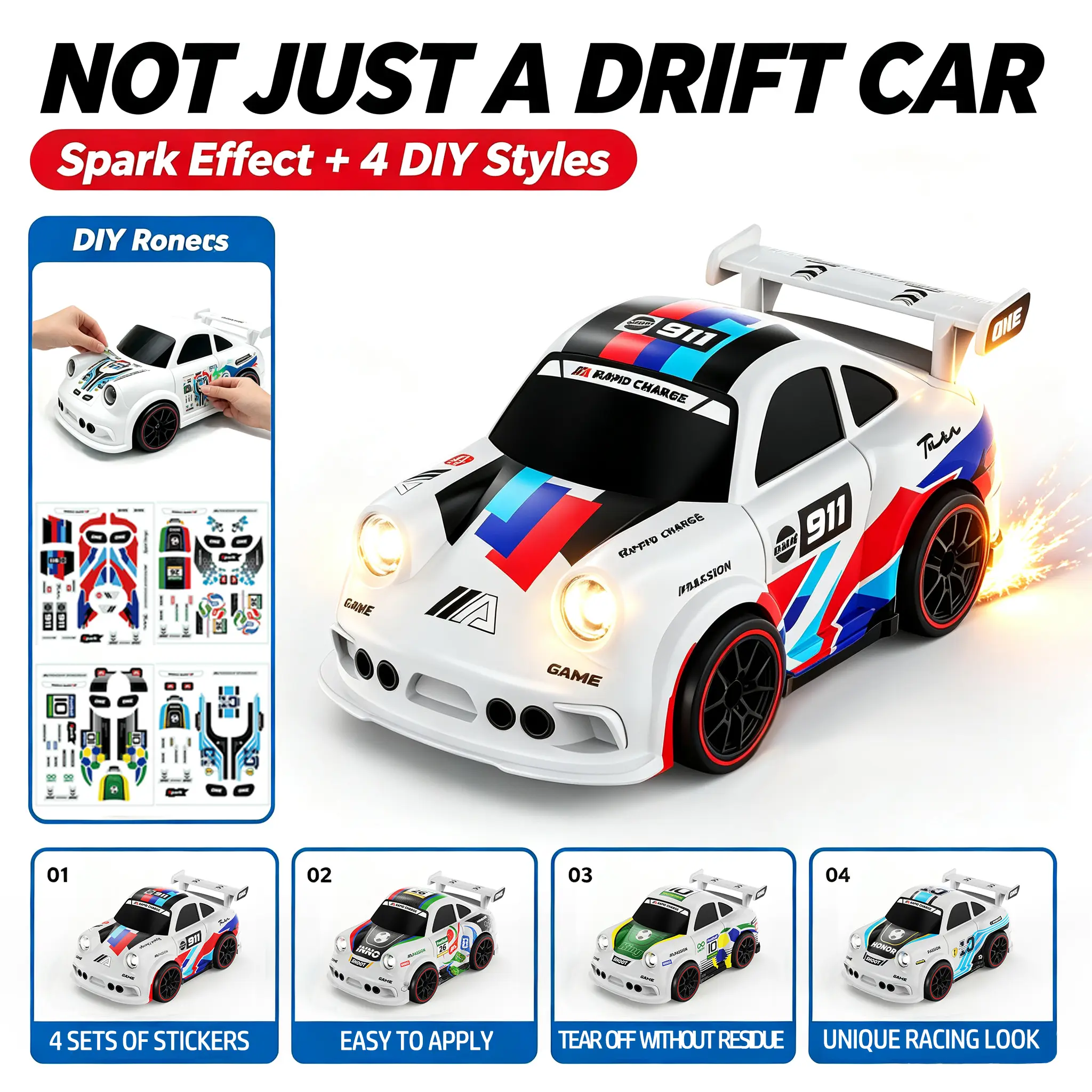 RC Stunt Car - 2.4G 4-Wheel-Drive High-Speed Drift ABS Plastic Kids Toy, Multi-Mode Rechargeable LED Sensor Remote-Controlled Car with DIY Stickers, Cool Gift for Kids, Rc Stunt Cars