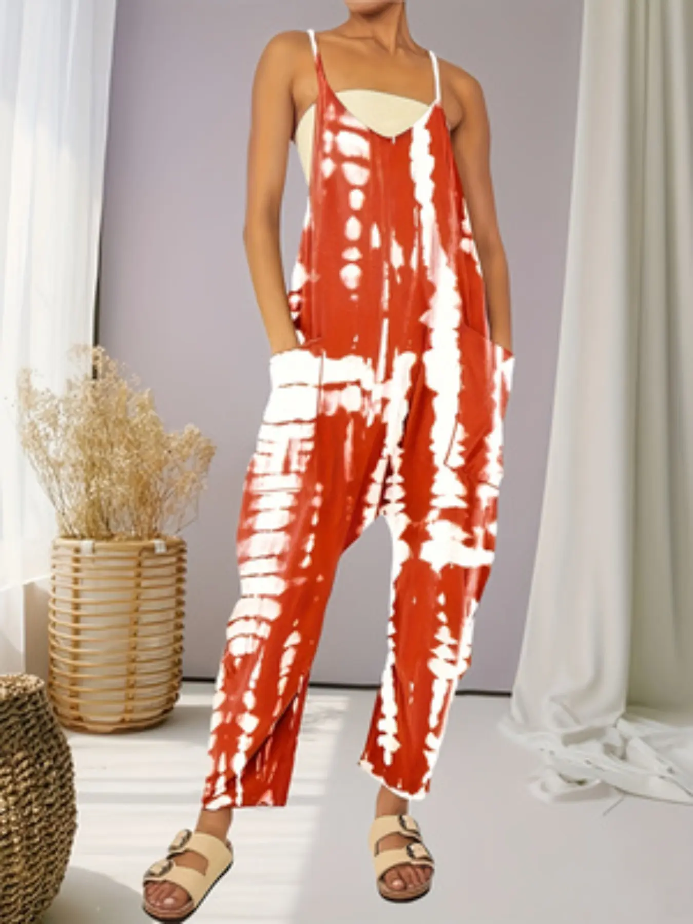 Casual Tie-Dye Halter Sleeveless One-Piece Jumpsuit, Summer Home Vacation Essential, Comfortable, Stylish and Fitted, Perfect for Relaxing Days