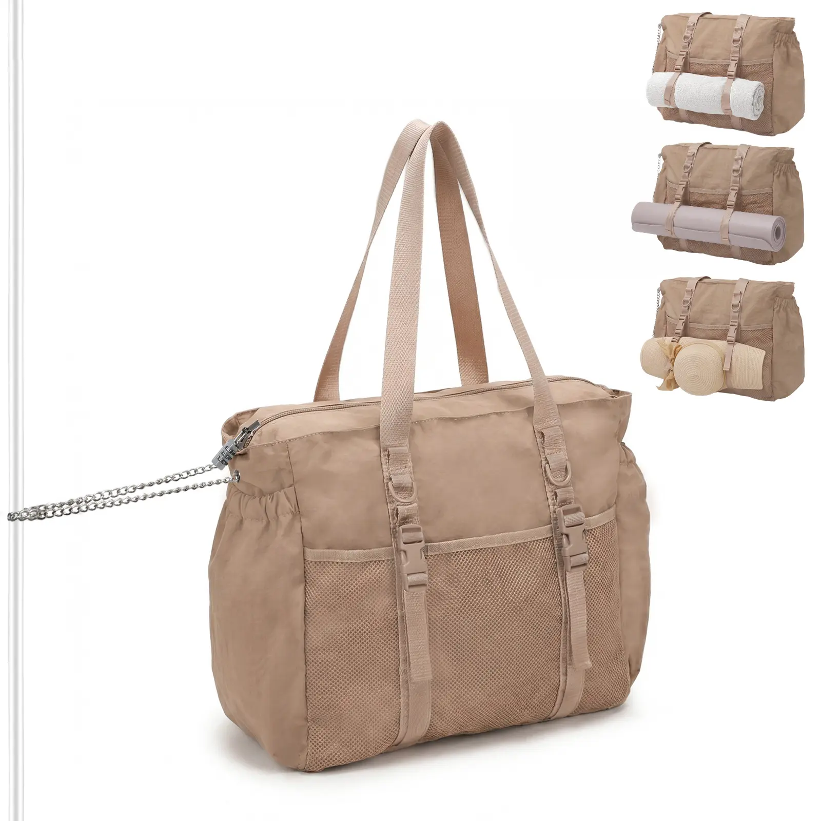 Miss Fong x Omanmoli Lockable Beach Bag, Anti-theft Lock & Chain Large Tote Bag For Women, 40oz Holder Insulated Pockets, Hat&Towel Clips, Pool Island Boat Travel Vacation Picnic Gym Grocery Shopping Daily Shoulder Bag Handbag, Summer Outfits OOTD