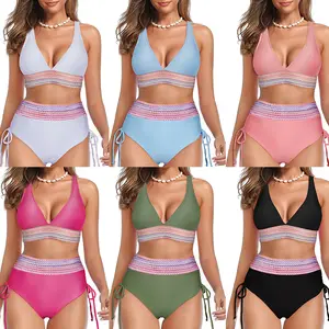 BBEUU Outdoorfun Women High Waisted Bikini Sets Tummy Control Swimsuits Color Block Drawstring Bathing Suit