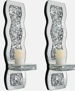 Crystal Crush Diamond Candle Holder Set of 2 Wavy Silver Mirrored Wall Decorative Home Lighting Glass Elegant Design Functional & Decorative Ornaments