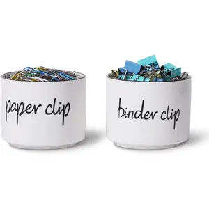 Ceramic Paper Clip and Binder Clip Holder Set Dispenser Desk Organizer for Office Home, White