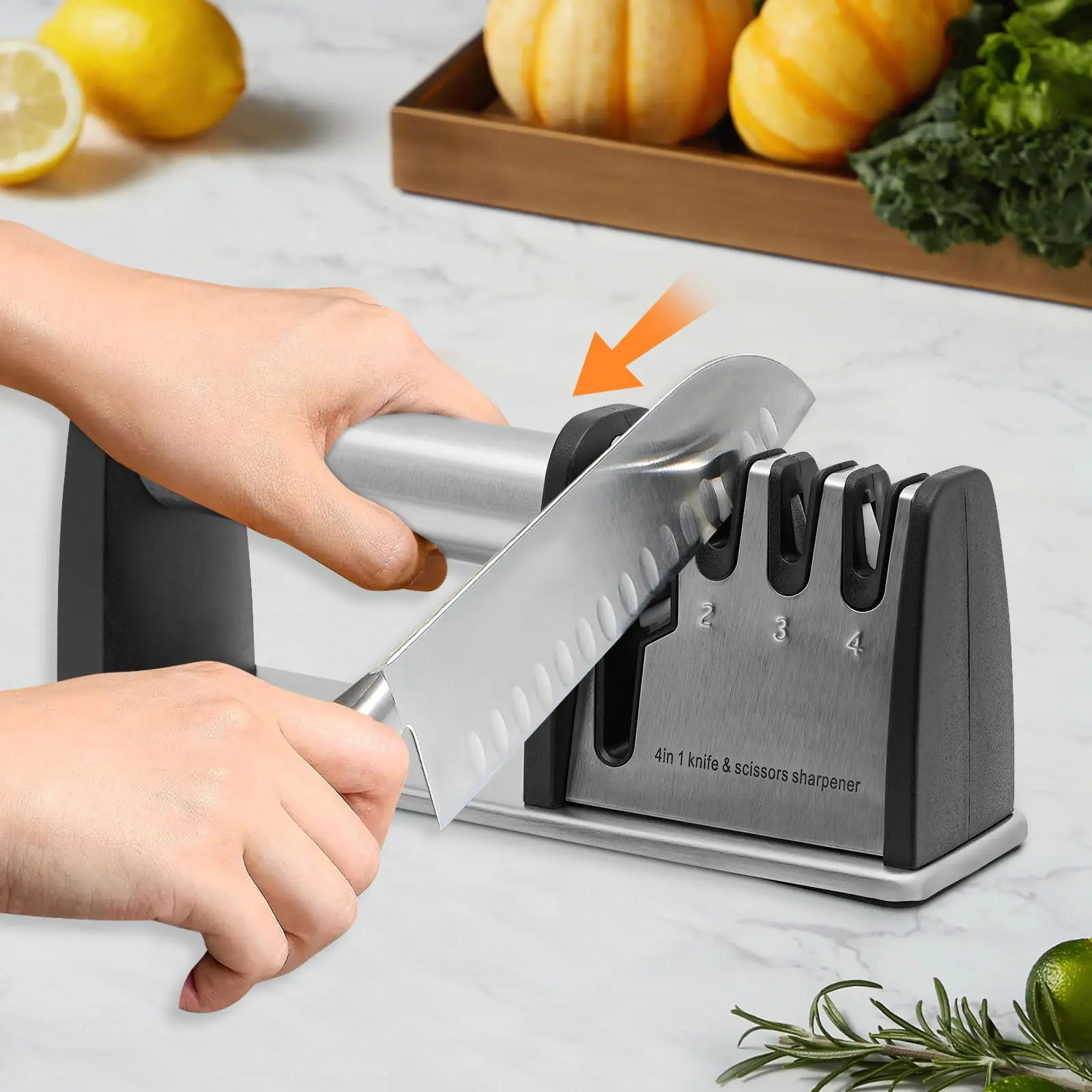 4-Slot Professional Knife Sharpener, Stainless Steel with Diamond, Ceramic & Tungsten Blades, PVC & ABS Silver-Black Kitchenware Tool, 0.29kg 22*6.6*7.8cm, for Kitchen Knives, Chef Scissors & Daily Maintenance, Compact, Multi-Slot