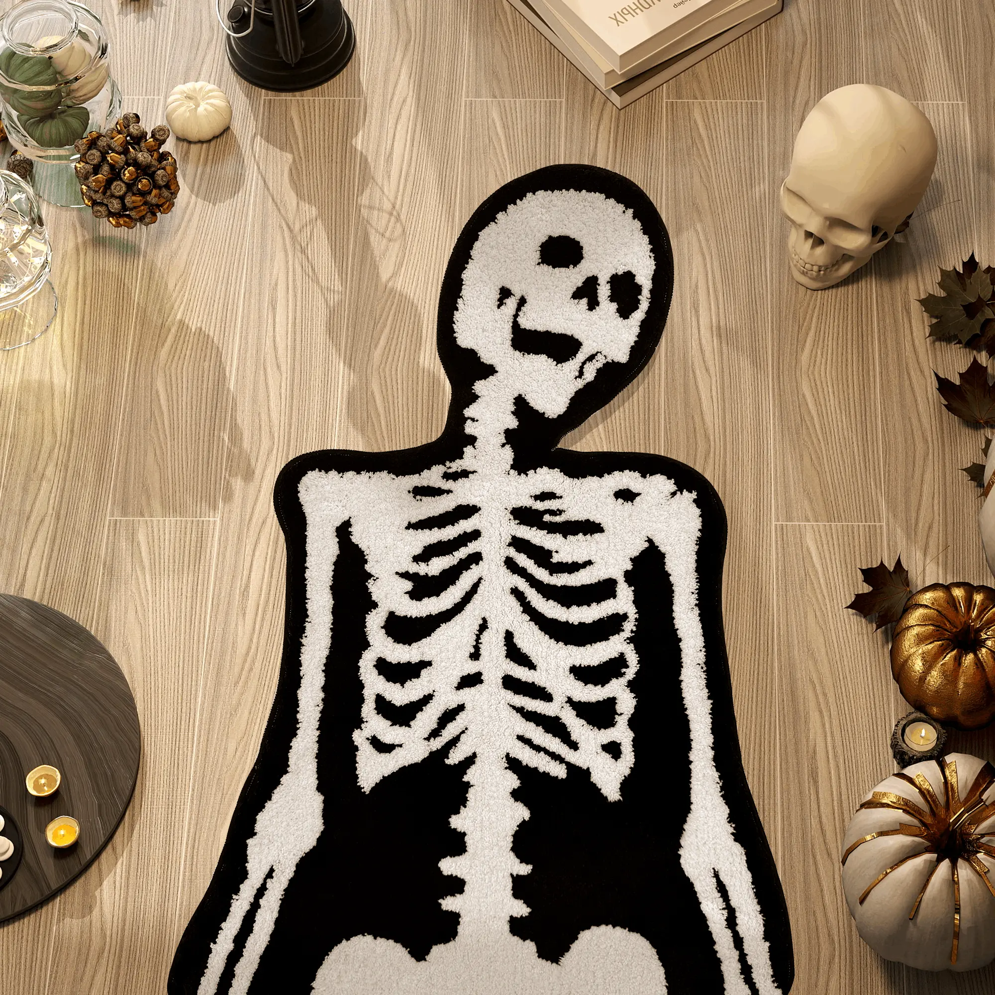 HYPEECE Halloween Bathroom Rugs, Spooky Skull Bath Mat Gothic Decor, Cool Rugs for Bedroom, High-Pile Soft Flocking Gothic Rug, Black & White, 28”×40” (Skeleton) carpet a para sala, Spooky Ghosts Doormat