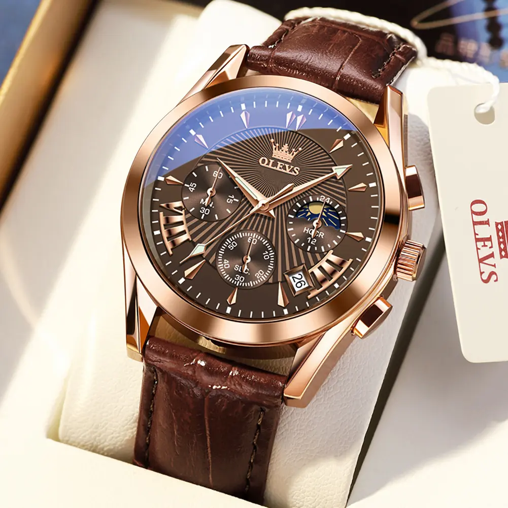 OLEVS Men's Business Fashion Quartz Watch Rose Gold Stainless steel Case Brown Leather Strap Chronograph Sun Moon Phase Waterproof Luminous Hands Date Calendar Dress Wristwatch Birthday Gifts for Him Ideal Mens Gift Box Set 2876